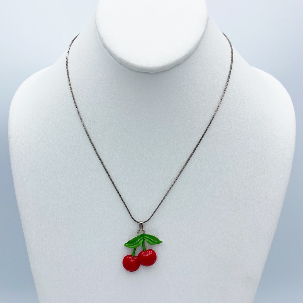 Cherry Pendant Red Green Enamel Silver Plated Chain Necklace